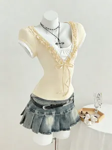 T-shirt da Donna in Stile Spice Girl Dolce con Bordo a Volant Scollo a V Patchwork Manica Corta Top Casual Snellente Y2K