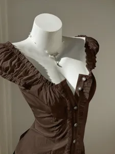 Brown short sleeve puff sleeve blouse women vintage ruffled button up elegant chic top