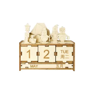 Wooden DIY puzzle perpetual calendar desktop decoration with cute penguin figures for home office.