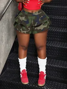 Pantalón de mini falda con volantes en capas de camuflaje moda mujer ropa casual chic