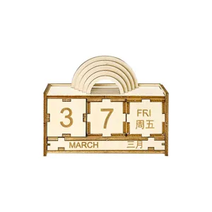 Wooden DIY perpetual calendar desk decoration with date blocks and arch design, front view.