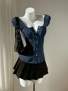 Sweet puff sleeve blouse and black pleated skirt set for women, stylish daily wear.