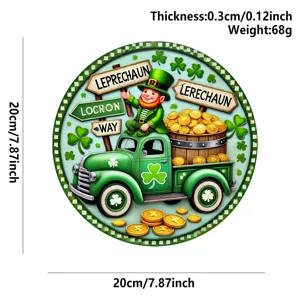 St. Patrick's Day wooden hanging sign detail, 20cm round plaque with leprechaun and truck.