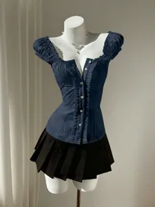 Dark blue puff sleeve crop top with sweetheart neck and pleated skirt, sweet chic women's blouse.