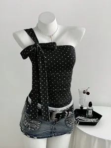 Sexy sweet polka dot one shoulder bow top with low rise denim skirt for women fashion.