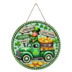 St. Patrick's day wooden hanging sign detail, lucky clover truck door decor ornament.