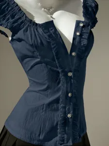 Details of the deep blue women short sleeve blouse featuring charming bubble sleeves and ruffles.