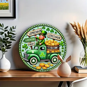 St. Patrick's Day wooden door sign featuring a leprechaun truck and shamrocks for party decor.