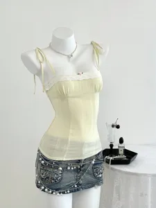 Canotta da Donna Patchwork in Pizzo Dolce Fiocco Cinturino Aderente Top Estivo Sexy Senza Maniche Crop Top Quadretti