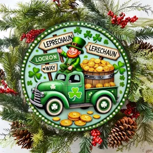 St. Patrick's Day wooden door hanging sign detail, Irish clover green truck decor closeup view.