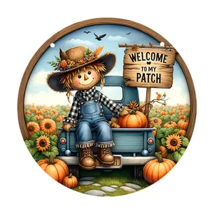 Round wooden harvest door sign featuring scarecrow and pumpkins for Thanksgiving home decor.