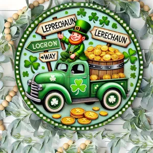 St. Patrick's Day wooden round door sign with leprechaun green truck and clover motifs for party decor.