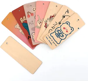 Wooden bookmarks set, blank DIY wood craft pieces with cute prints and hanging holes.