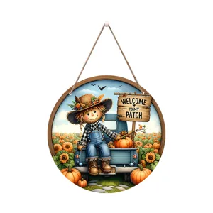 Decorative autumn wooden hanging sign featuring a cute scarecrow, truck, and pumpkin harvest.