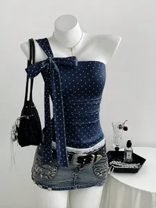 Sexy sweet polka dot one-shoulder bow camisole for women, stylish summer daily wear top.