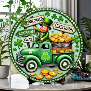 St. Patrick's Day wooden door hanger round sign with leprechaun truck shamrock decor