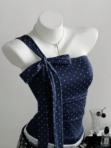 Dark blue polka dot one shoulder bow top, elegant sweet style summer women apparel detail.