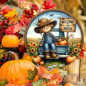 Wooden scarecrow Thanksgiving pumpkin hanging sign autumn wreath door decoration for festival