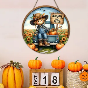 Wooden scarecrow hanging sign autumn harvest Thanksgiving door decor pumpkin wreath display