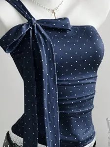 Chic polka dot one-shoulder bow strap top, sweet style elastic women apparel for daily wear.