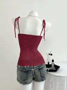 Stiloso top smanicato arricciato estivo da donna con spalline annodate vestibilità slim