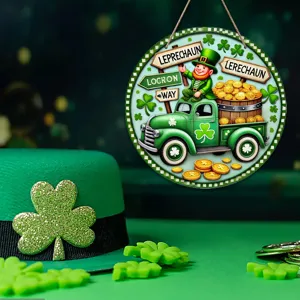 St. Patrick's Day wooden hanging sign with leprechaun truck and clover festival party decor.