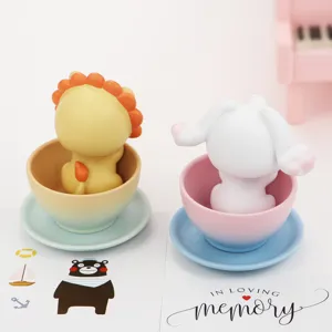 Cute animal figurines in mini tea cups desktop ornament cartoon car decoration toy gifts