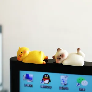 Cute animal monitor top figurines, cat and chick desktop decor for computer and car dashboard.