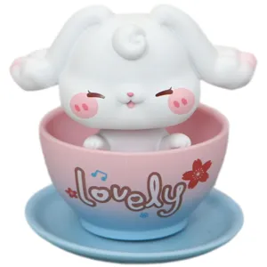 Cute white rabbit in teacup car ornament and desktop decoration lovely toy figure gift.