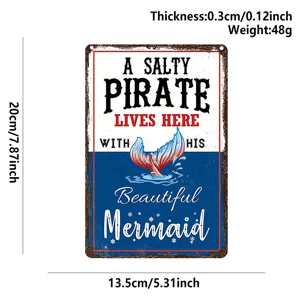 Vintage metal tin sign with pirate and mermaid quote, perfect home wall decor item.