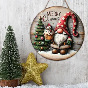 Wooden Christmas door sign round gnome holiday hanging plaque festive tree decor