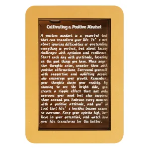 Wooden shadow box money saving jar detail view with positive motivational text panel design.