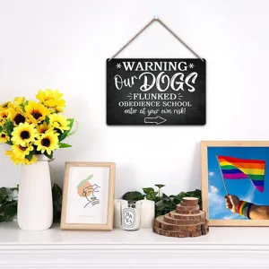 Rustic wooden dog warning hanging sign for bar and home wall decor, funny humor plaque.