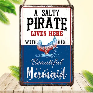 Wooden Hanging Sign Pirate And Mermaid Nautical Wall Decor American Country Style Plaque For Home Door Wall Decoration
