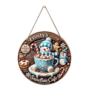 Christmas wooden hanging sign, festive snowman hot chocolate cup detail view for home decor.