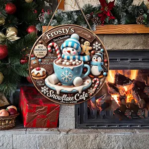 Detailed view of Christmas wooden hanging sign, cute snowman hot chocolate cafe decor.