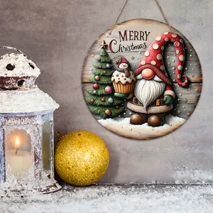 Wooden Christmas Hanging Sign Holiday Door Decor Cute Gnome and Tree Wall Ornament