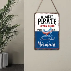 Nautical wooden hanging sign wall plaque with pirate and mermaid quote for home decoration