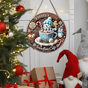 Christmas wooden hanging sign with cute snowman cocoa mug festive holiday wall decor ornament