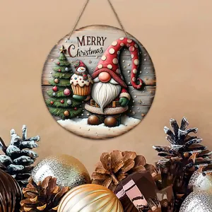 Christmas wooden hanging sign with gnome and snowman design, festive holiday door decor.