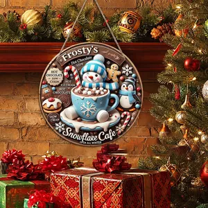 Christmas wooden hanging sign festive decor Snowflake Cafe snowman holiday wall ornament gift