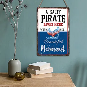 Ocean style wooden hanging sign, pirate and mermaid inspirational quote wall decor plaque for home.