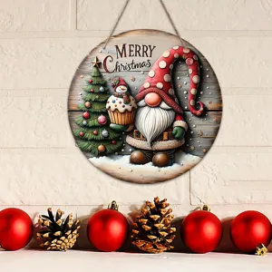 Christmas wooden hanging sign, round holiday door plaque with cute gnome and tree design.
