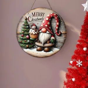 Wooden Christmas hanging sign with gnome and tree design, perfect holiday door decoration.