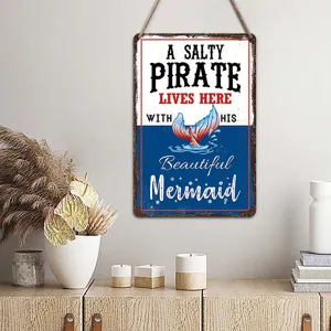 Rustic wooden hanging sign ocean style pirate mermaid wall decor home door plaque