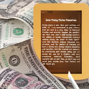 Wooden money saving box with clear acrylic front and motivational quote text display.