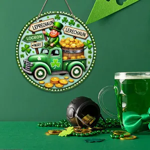 St. Patrick's Day wooden door sign with leprechaun and shamrock truck design for festive party decor.