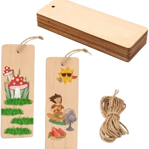 Wooden blank bookmarks DIY craft wooden bookmarks with hemp rope set for handmade art projects.