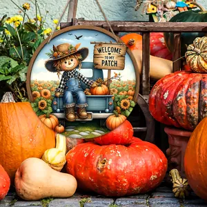Thanksgiving scarecrow wooden door sign autumn harvest pumpkin wreath hanging decoration for home