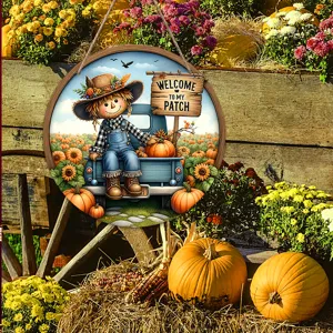 Thanksgiving scarecrow wooden door sign autumn pumpkin harvest hanging wreath decor for home.